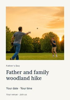 Father and son playing catch at sunset in Father and family woodland hike flyer · Gallery editorial