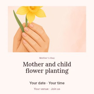 hands holding yellow daffodil flower in Mother and child flower planting social media post · Quiet photo gallery