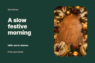Festive holiday dining table setting in Christmas festive brunch photo layout · Horizontal photo dialogue