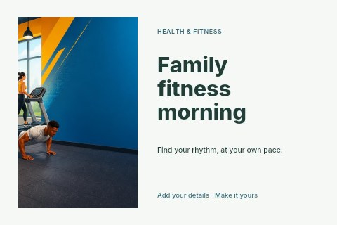 People exercising in gym with weights and treadmill in Family fitness morning postcard template