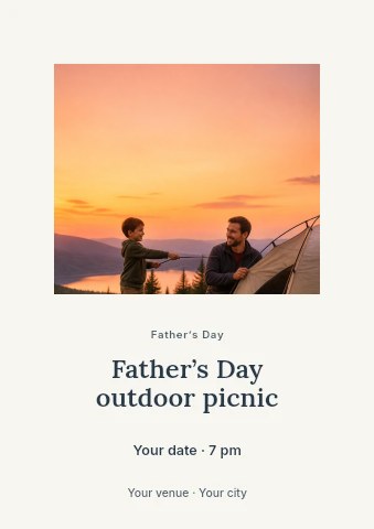 Father and son camping at sunset in Father’s Day outdoor picnic flyer template