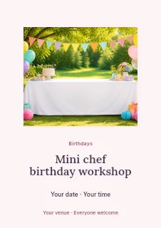 Mini chef birthday workshop flyer template · Picture window