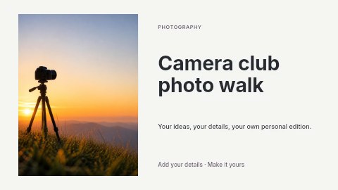 Camera on tripod capturing sunset landscape in Camera club photo walk youtube thumbnail template