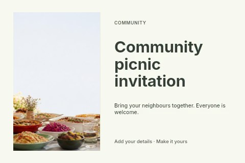 Sharing meal at a table with various dishes in Community picnic invitation postcard template