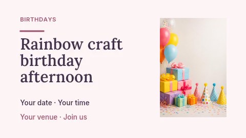 Rainbow craft birthday afternoon presentation cover template · Horizontal photo dialogue