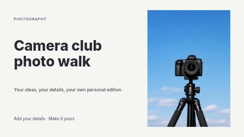 Camera mounted on tripod against sky in Camera club photo walk presentation cover template