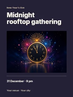 Golden clock at midnight with fireworks in Midnight rooftop gathering · Title & photograph
