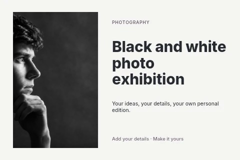 Black and white thoughtful young man portrait in Black and white photo exhibition postcard template