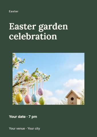 Easter eggs hanging on blossoming tree branch in Easter garden celebration flyer template