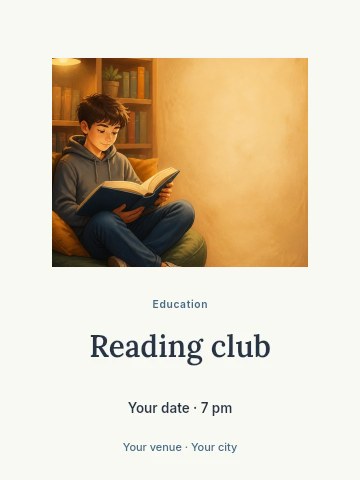 Boy reading book in cozy reading nook in Reading club invitation template