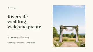 Riverside wedding welcome picnic presentation cover template · Horizontal photo dialogue