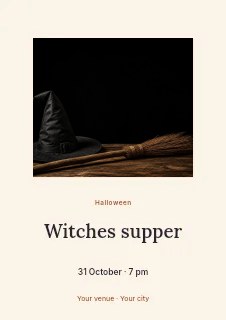 black witch hat and broom on wooden table in Witches supper · Picture window