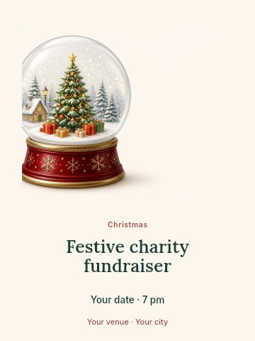 Christmas snow globe with decorated tree in Festive charity fundraiser invitation template