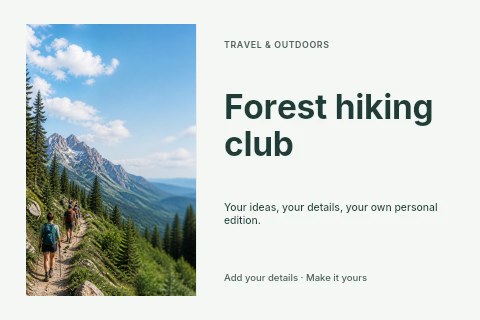 Group hiking on mountain trail in Forest hiking club postcard template