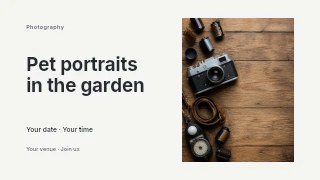 Pet portraits in the garden presentation cover template · Horizontal photo dialogue