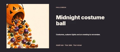 Halloween pumpkin bucket with assorted candy in Midnight costume ball event ticket template