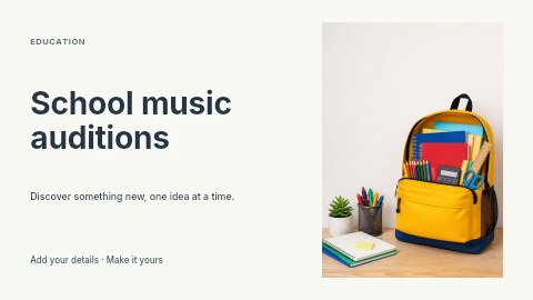 Yellow school backpack with supplies in School music auditions presentation cover template