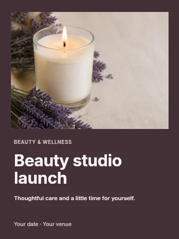 Lit candle with dried lavender on fabric in Beauty studio launch invitation template