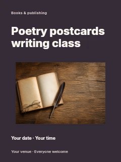 open vintage book with feather quill and glasses in Poetry postcards writing class poster · Modern programme